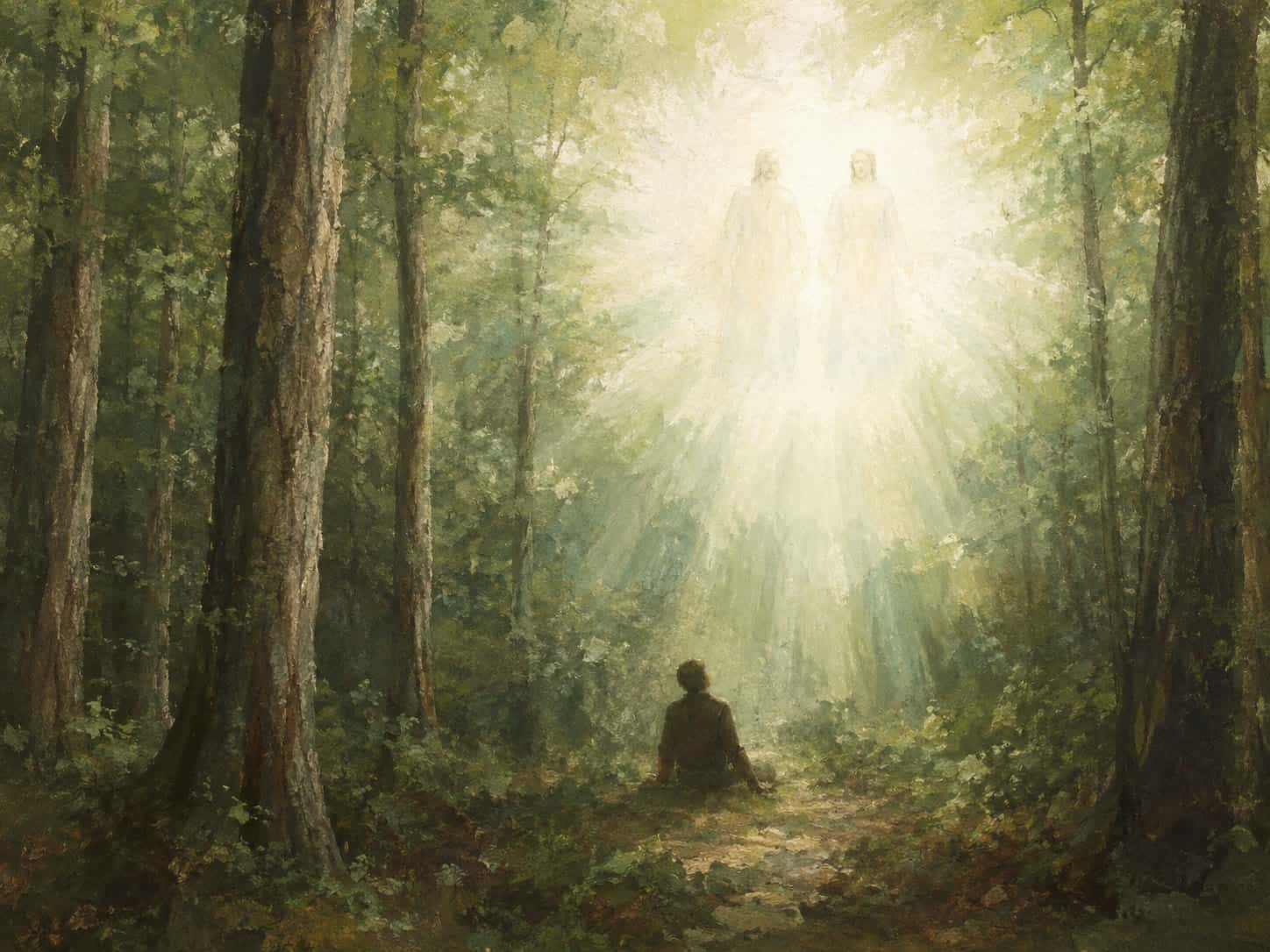 A kneeling figure in a forest clearing, with two radiant figures descending in a pillar of light